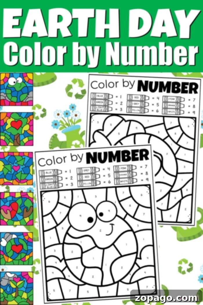 Earth Day Coloring Fun 2 Collection of Earth Day Color by Number Coloring Pages for Kids, featuring environmental themes like recycling and nature.
