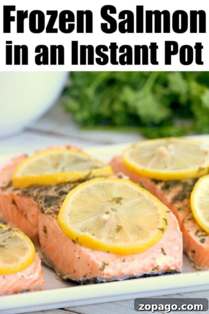 Tenderizing Frozen Meat 14 A plate of Instant Pot Frozen Salmon, perfectly cooked and flaky, garnished with fresh dill and lemon slices.