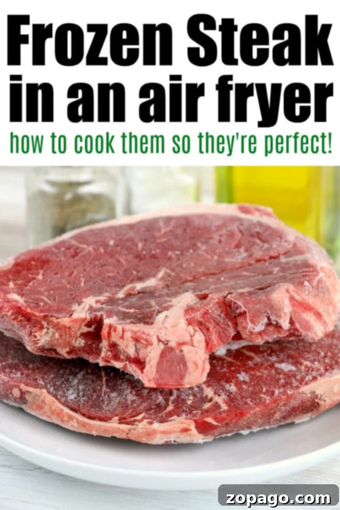 Tenderizing Frozen Meat 6 A perfectly cooked frozen steak prepared in an air fryer, showcasing a beautiful sear and juicy interior, garnished with fresh herbs.