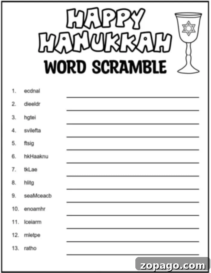 Free Printable Hanukkah Coloring Pages 7 Hanukkah themed word scramble puzzle with holiday symbols