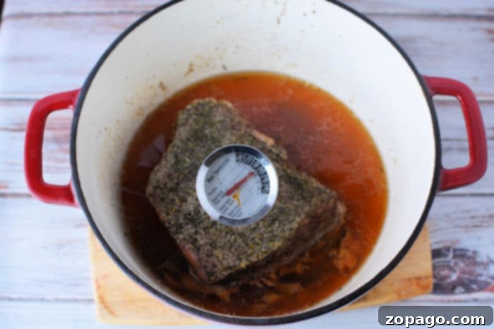 Perfectly Oven Cook a Frozen Roast 5 A slice of roast beef bathed in rich gravy, with green herbs for garnish.