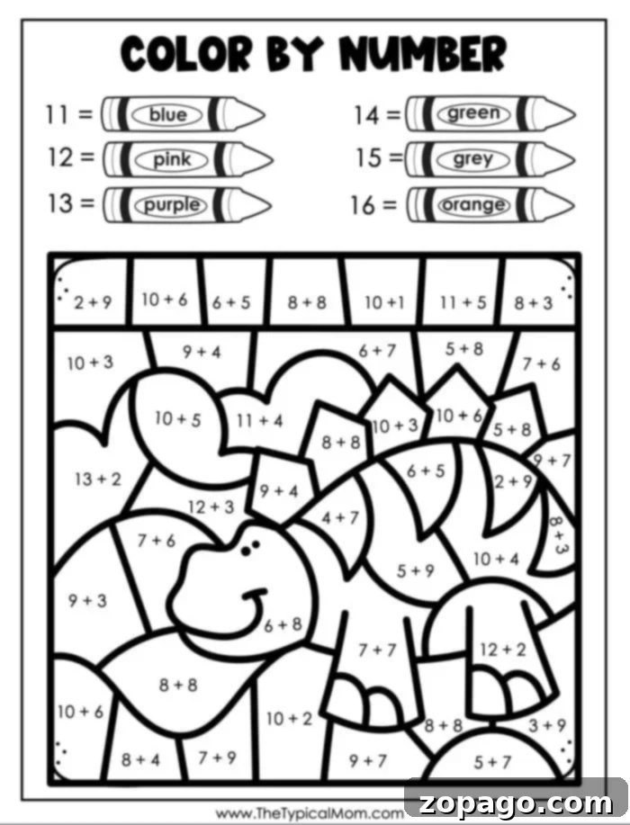 Prehistoric Paint by Numbers 4 Dinosaur Color by Number sheet featuring math problems in each section. The key at the top shows colors: 11 = blue, 12 = pink, 13 = purple, 14 = green, 15 = grey, 16 = orange. A cartoon dinosaur is artfully outlined in the center.