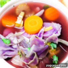 Vibrant Slow Cooker Purple Cabbage Soup 6 A vibrant bowl of Crockpot Cabbage Soup brimming with purple cabbage, carrots, celery, and herbs, showcasing its healthy and appealing appearance.