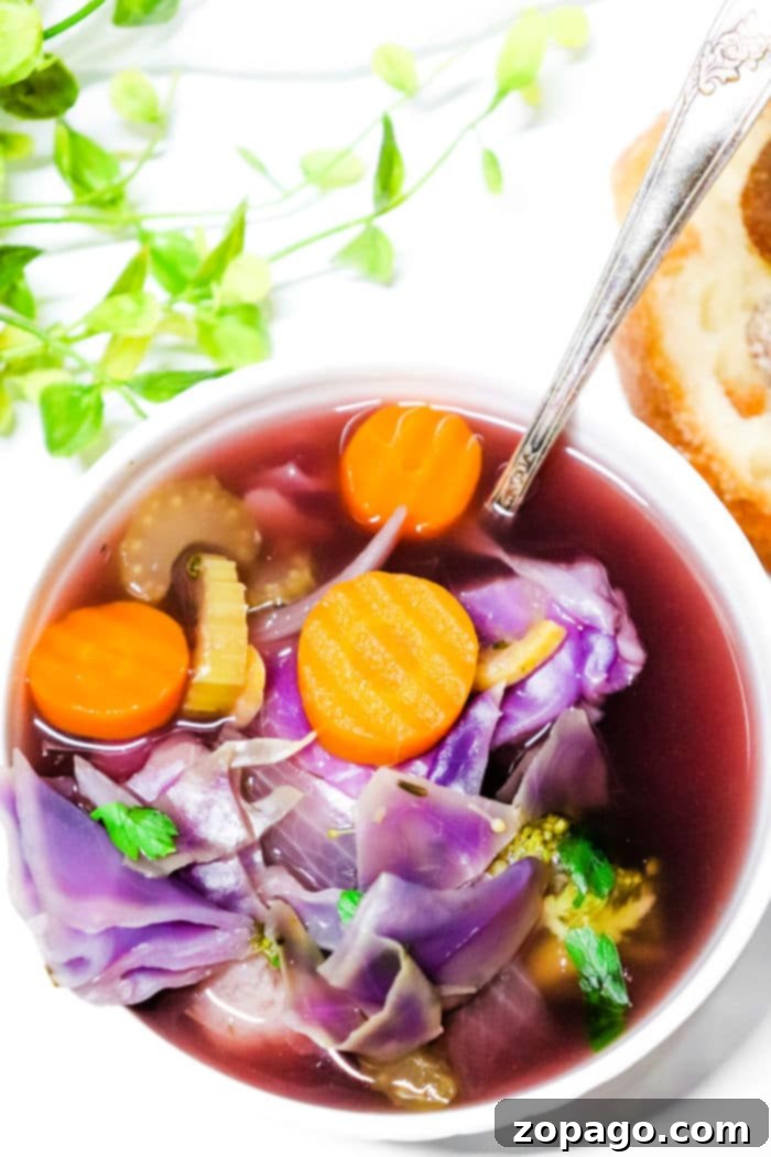 Vibrant Slow Cooker Purple Cabbage Soup 8 A rustic bowl of cabbage soup recipe, featuring mixed vegetables and a clear broth, presented on a wooden table with a spoon.