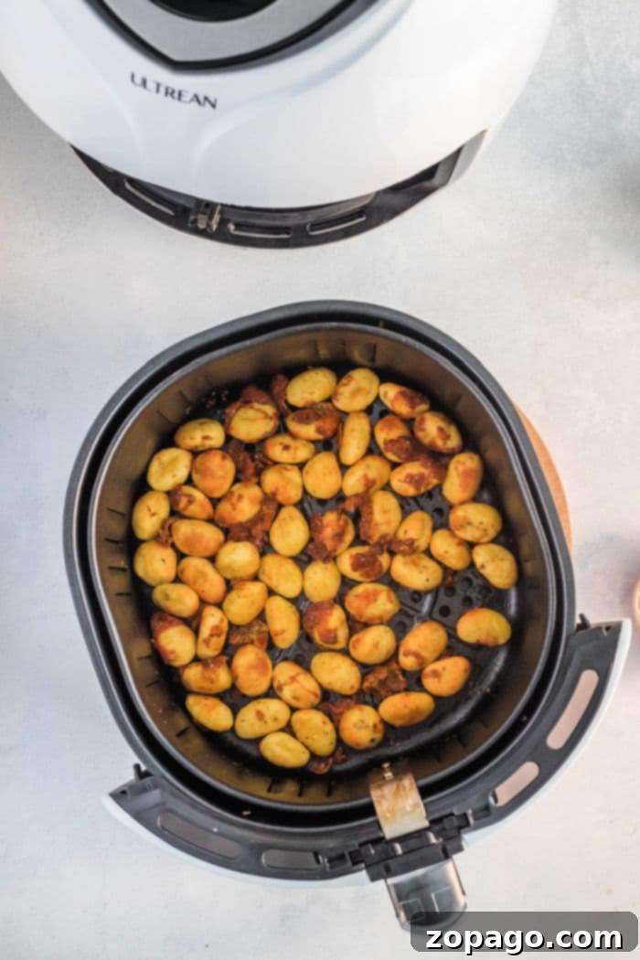 Crispy Ninja Foodi Air Fryer Gnocchi 5 Golden brown Ninja Foodi gnocchi, perfectly crispy and ready to serve as a snack or appetizer.