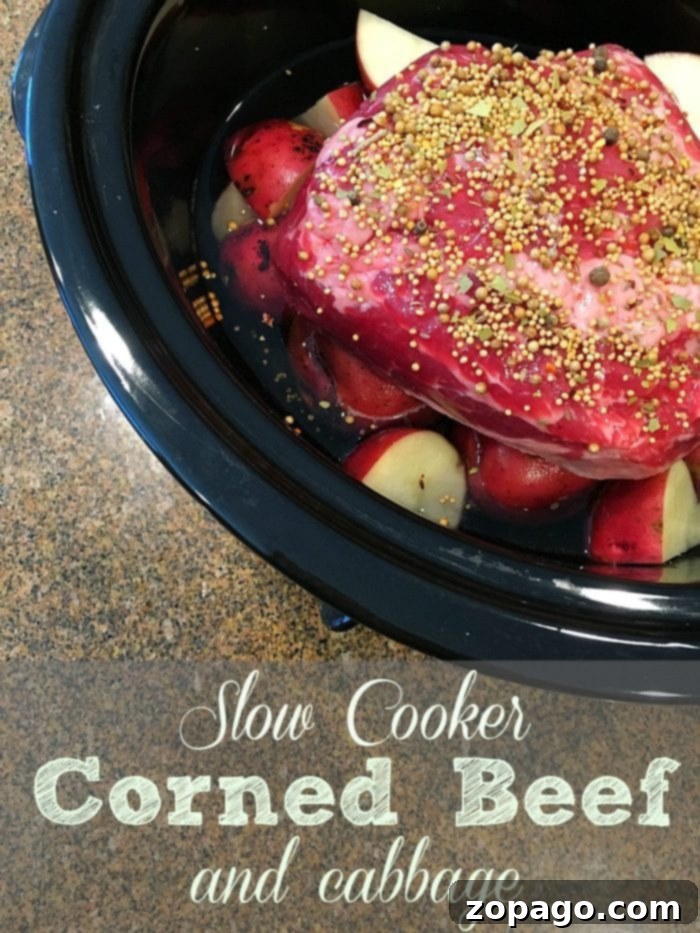 Effortless Slow Cooker Cabbage Recipes 7 Hearty Crockpot corned beef and cabbage, served with potatoes and carrots, perfect for a St. Patrick's Day celebration.
