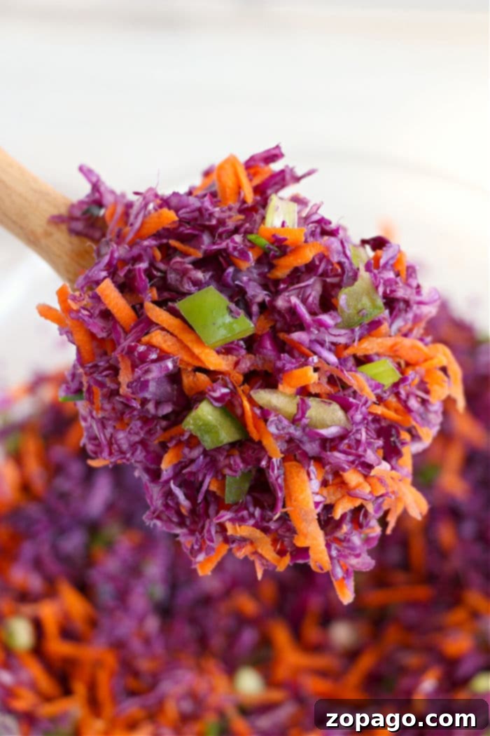 Effortless Slow Cooker Cabbage Recipes 8 Vibrant red cabbage coleslaw, a refreshing and crunchy side dish, in a serving bowl.