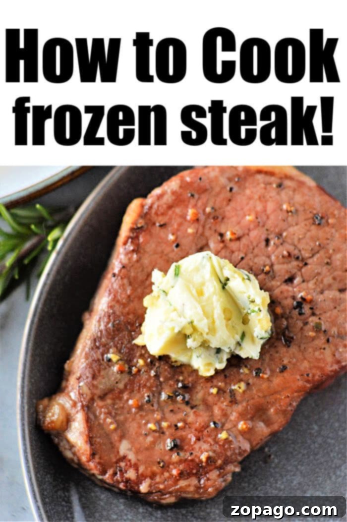 Perfectly Cooked Steak, From Frozen 3 A perfectly cooked frozen steak, ready to be served, showcasing the tender results of oven cooking.