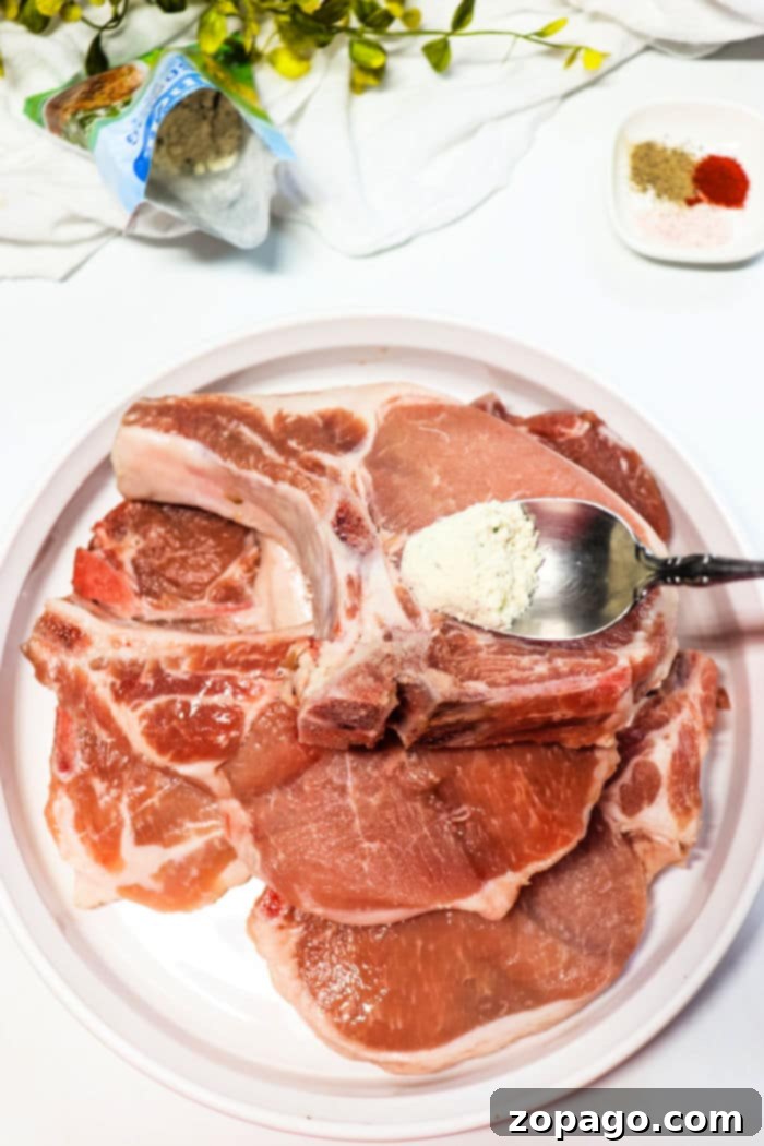 Slow Cooker Ranch Pork Chops 4 Raw frozen pork chops on a plate with a spoon adding seasoning, surrounded by spices and a leafy plant. Perfect for transforming into tender Slow Cooker Ranch Pork Chops that burst with flavor.