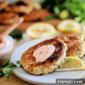 Two tuna patties rest on a plate, accompanied by a savory sauce and a lemon wedge, garnished with fresh herbs.