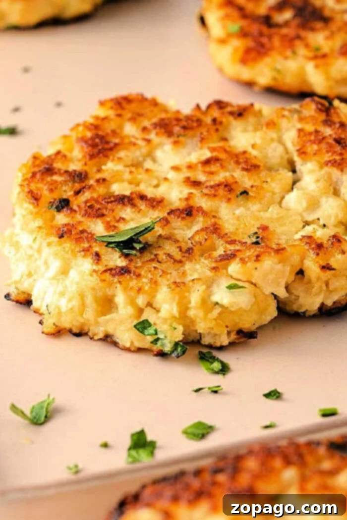 Savory Cauliflower Fritters 2 Crispy golden-brown cauliflower pancakes, ready to be served, a perfect low carb and Keto recipe.