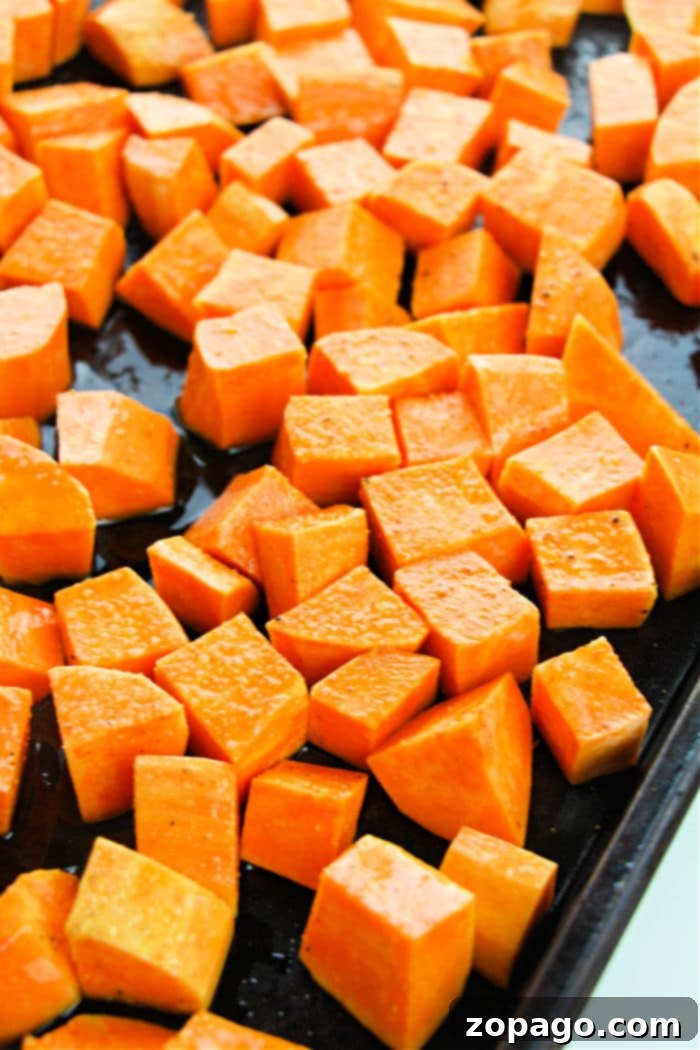 Oven-Roasted Sweet Potato Cubes 5 A serving of roasted sweet potato cubes, perfectly cooked and lightly browned, ready to be enjoyed.