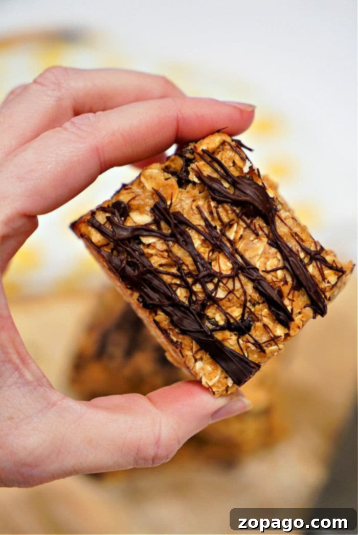 Viral TikTok Oatmeal Bars 2 Chocolate Peanut Butter Oatmeal Bars, a close-up showing the rich chocolate topping and textured oat base.