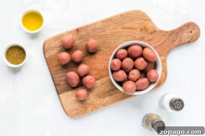 Close-up of perfectly fried red potatoes, glistening with seasoning, in an air fryer basket.