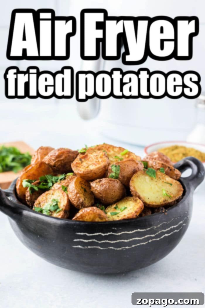A serving of crispy air fryer fried potatoes garnished with fresh herbs in a white bowl.