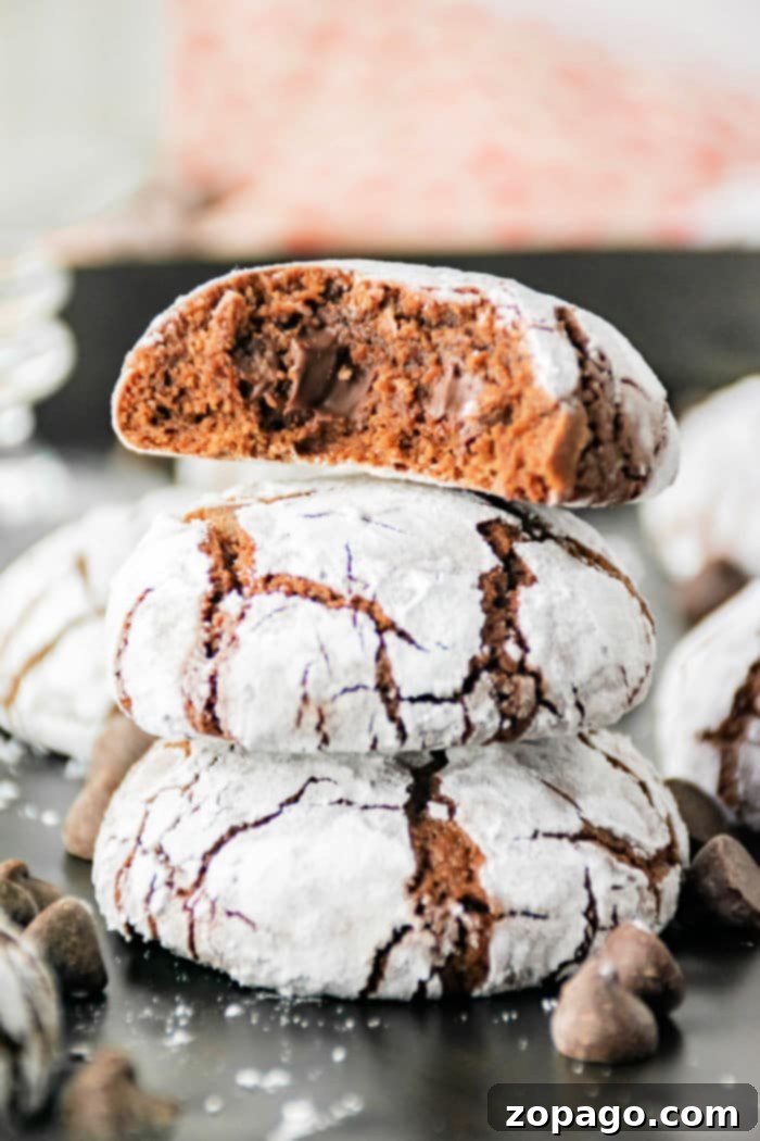 Frosted Fudge Crinkles 2 Three brownie mix crinkle cookies are stacked on a dark surface, with the top cookie broken in half to reveal the gooey chocolate inside. The cookies are dusted with powdered sugar, and chocolate chips are scattered around them.