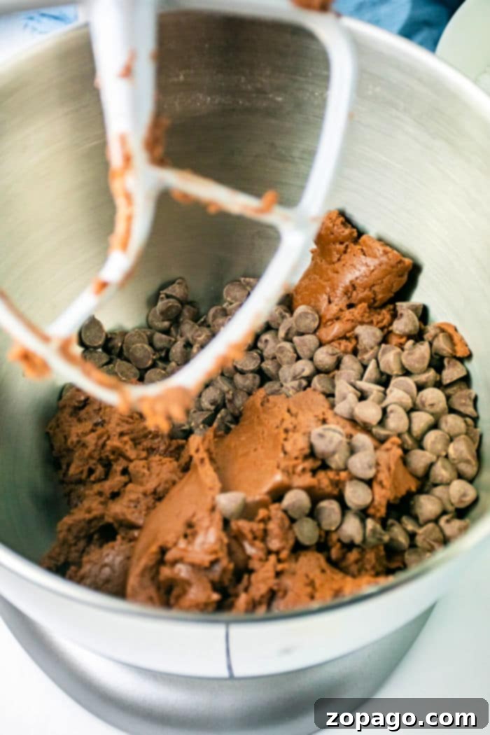 Frosted Fudge Crinkles 4 A mixing bowl with chocolate chip cookie dough and a paddle attachment. The dough is thick, reminiscent of brownie mix, with visible chocolate chips scattered throughout. The mixer waits eagerly to blend the ingredients into crinkle cookies perfection.