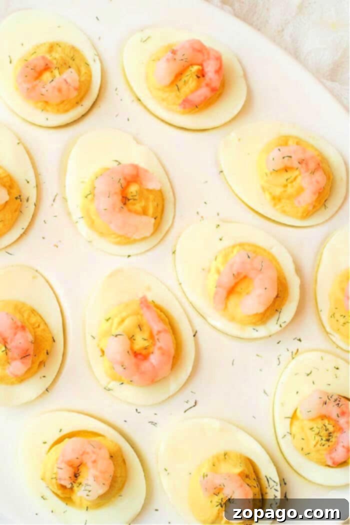 Gourmet Shrimp Deviled Bites 2 Gourmet mini shrimp deviled eggs arranged beautifully on a plate, ready to be served at a party or Easter brunch.