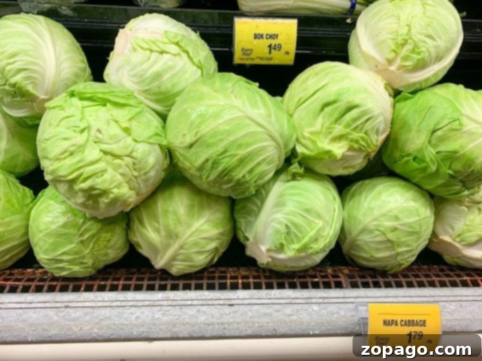 Speedy Tangy Cabbage 3 A fresh, vibrant green head of cabbage sits isolated on a light background, highlighting its natural texture and form.
