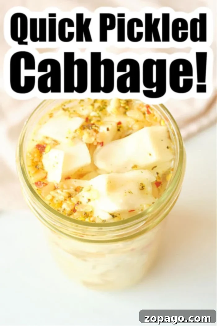 Speedy Tangy Cabbage 6 A beautifully composed close-up of quick pickled cabbage, showcasing its vibrant color and crisp texture within a glass jar, ready to be enjoyed.