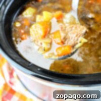 A ladle lifting slow cooker beef stew with onion soup mix, along with tender carrots and potatoes, from a simmering pot.