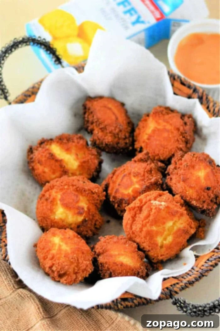 The Easiest Hush Puppies with Jiffy Mix 2 Golden-brown Jiffy hush puppies with a crispy exterior and soft, fluffy interior.