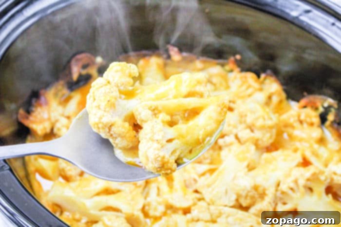 Slow Cooker Cheesy Cauliflower Mac and Cheese 7 cheesy cauliflower crockpot ready to serve