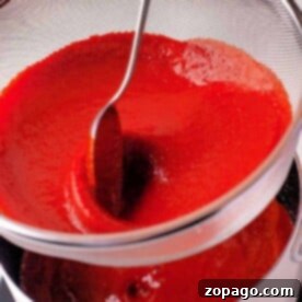 Person straining Asian wing sauce through a mesh sieve with a spoon, illustrating the step to achieve the perfect texture for a homemade chicken wing sauce.
