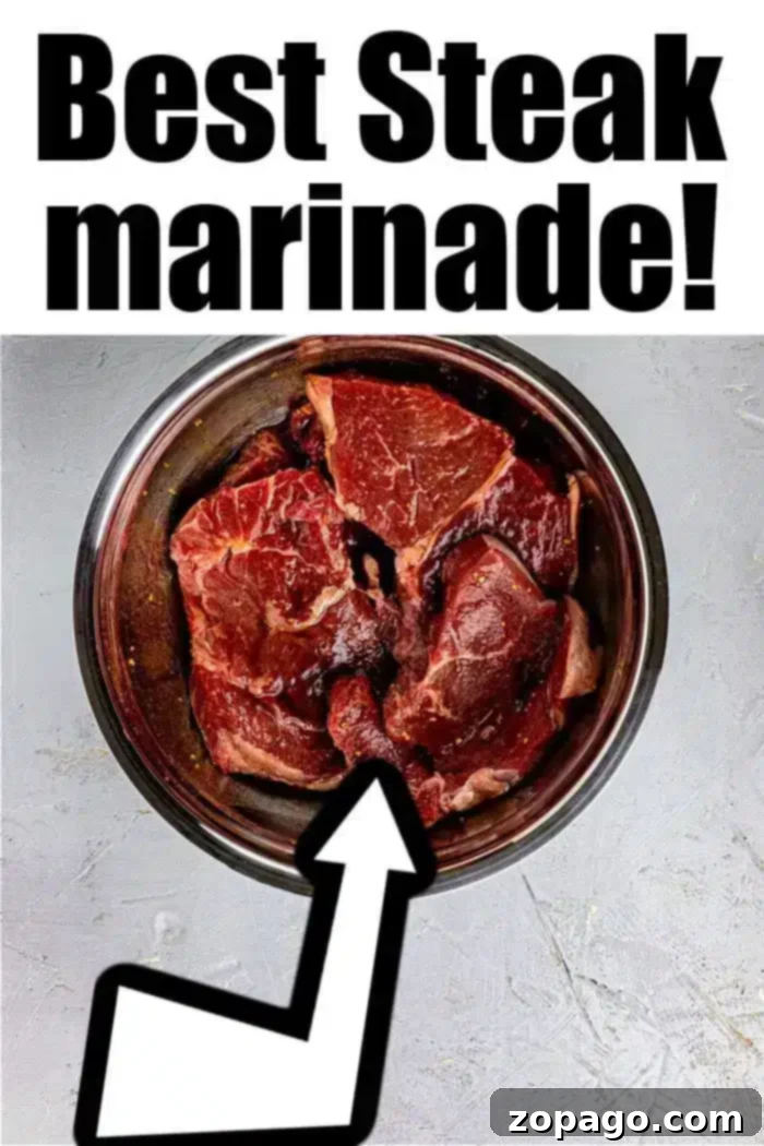 A close-up of raw steak marinating in a bowl, with text 'Best Asian Steak Marinade!' overlaid, emphasizing its quality.