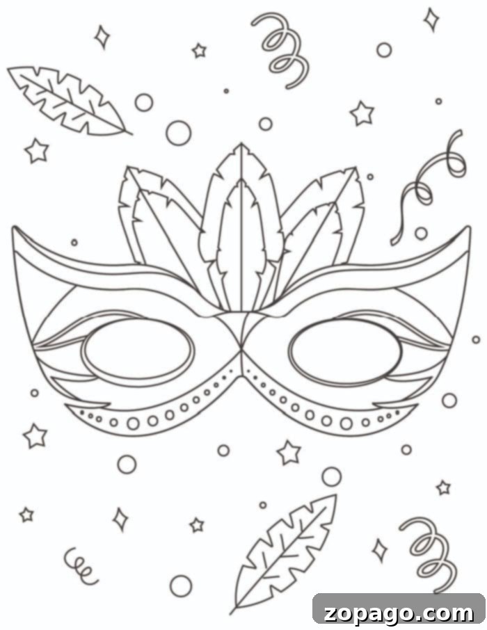 Free Mardi Gras Coloring Fun 4 detailed Mardi Gras mask coloring page with ornate design