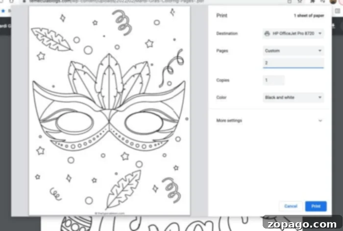 Free Mardi Gras Coloring Fun 5 screenshot of printer settings for free printables for Mardi Gras