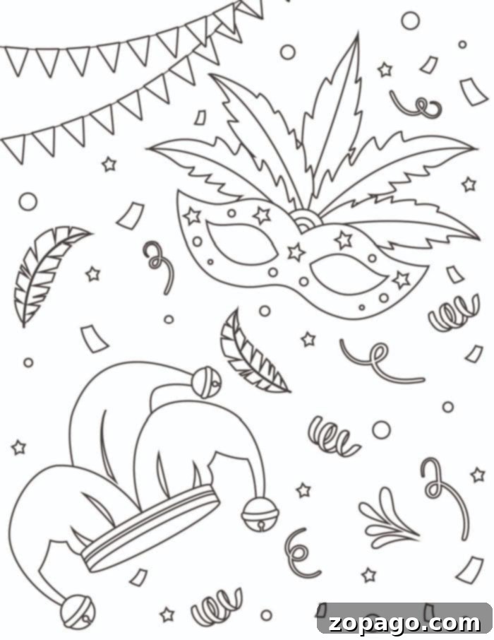 Free Mardi Gras Coloring Fun 6 Festive line art featuring a mardi gras mask, jester hat, streamers, confetti, and party decorations, perfect for Mardi Gras coloring pages.