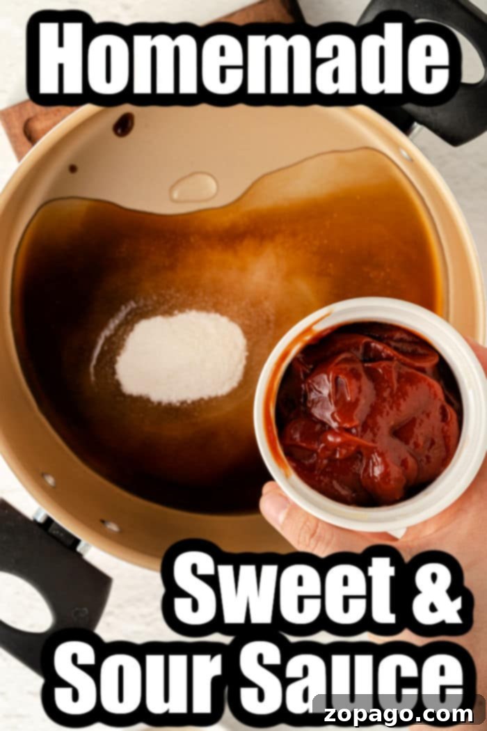Authentic Panda Express Sweet and Sour Sauce From Your Kitchen 4 A pot with sauce ingredients and a hand holding a bowl of ketchup. Text: Homemade Copycat Panda Express Sweet & Sour Sauce.