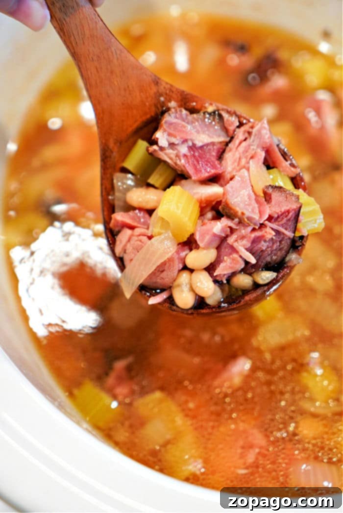 Making Mouthwatering Ham Hocks 6 A comforting bowl of Slow Cooker Ham Hocks and Beans, garnished and ready to serve.