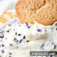 A bowl of creamy cheese dessert dip with chocolate chips, topped by a single cookie. The texture seems smooth and fluffy, with the chips evenly distributed throughout. The cookie is partially submerged in the delightful cream cheese mixture.