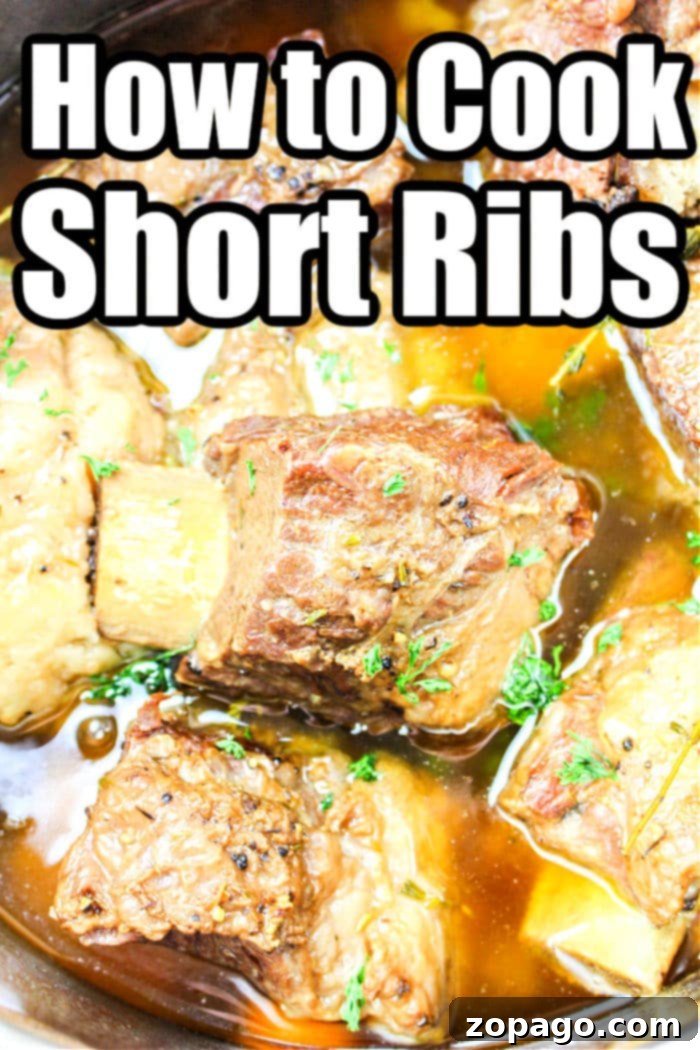 Mastering English Cut Short Ribs 6 Close-up of tender English Cut Short Ribs in rich sauce with text overlay: How to Cook Short Ribs.