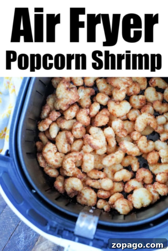 Perfectly Crispy Air Fryer Popcorn Shrimp 8 Frozen popcorn shrimp in the air fryer come out perfectly crispy, with the text "Air Fryer Popcorn Shrimp" displayed at the top.