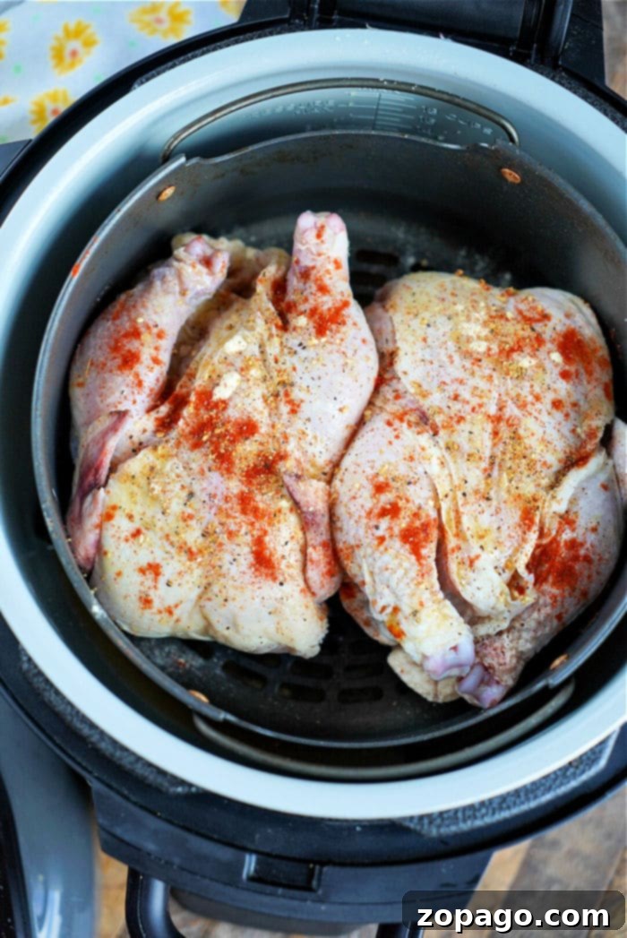 Two seasoned cornish game hens sit in the Ninja Foodi air fryer basket, ready to be cooked to perfection.