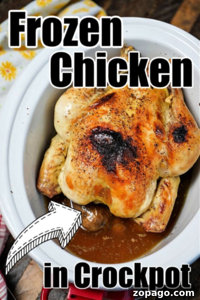 Set and Forget Frozen Whole Chicken 10 A succulent whole roasted chicken rests in a slow cooker, infused with savory juices and visible seasoning. The phrase "Frozen Whole Chicken in Crockpot" is elegantly overlaid on the image.