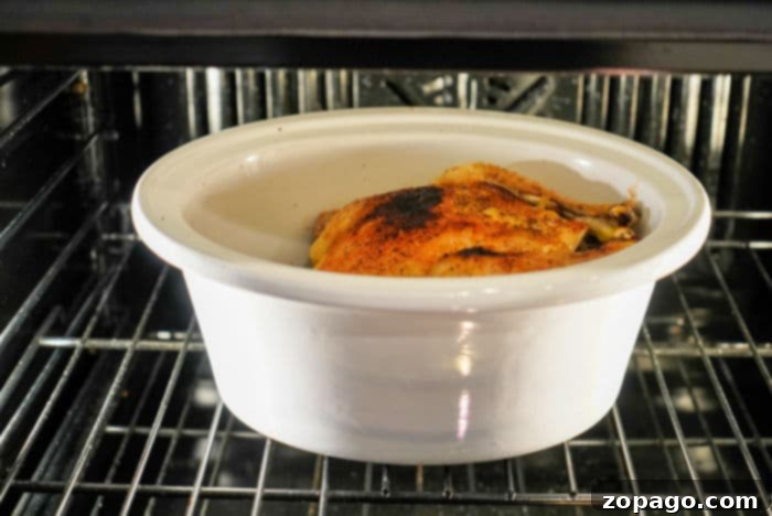 Set and Forget Frozen Whole Chicken 7 A close-up of broiling chicken, showing the skin crisping to a golden perfection, adding a delightful texture to the slow-cooked bird.