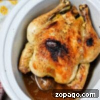 A frozen whole chicken, perfectly seasoned with pepper, in a Crockpot, nestled in savory juices.