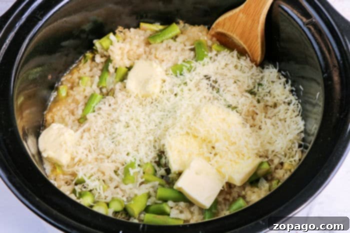 Slow Cooker Risotto Perfection 5 Close-up of slow cooker risotto with a spoon, highlighting its creamy, rich texture