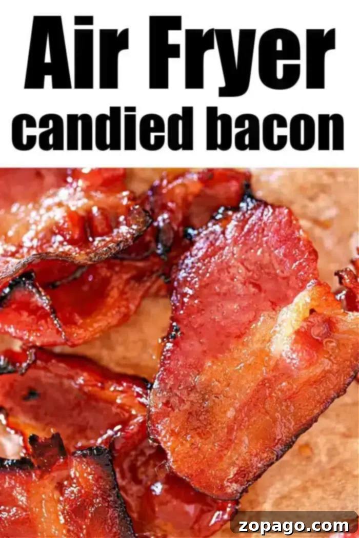 Air Fryer Bacon Candy 2 Close-up of air-fried maple candied bacon on a surface. The bacon strips appear crispy and glazed, perfectly showcasing a glossy, caramelized texture.