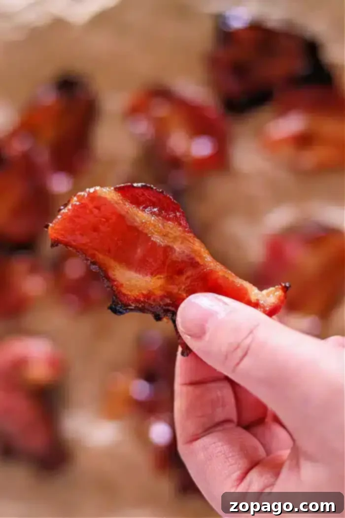 Air Fryer Bacon Candy 9 A hand holds a crispy piece of air fryer maple candied bacon with a glossy surface. Other pieces are blurred in the background, scattered on a light-colored surface.