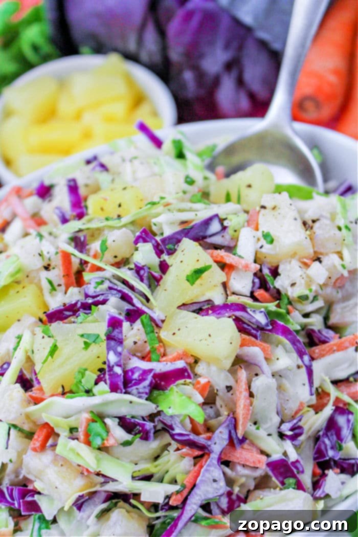 Creamy Hawaiian Pineapple Slaw 9 A beautifully presented bowl of Hawaii coleslaw featuring colorful cabbage, carrots, and juicy pineapple chunks in a white bowl, sitting beside a spoon and fresh ingredients, ready to be served.
