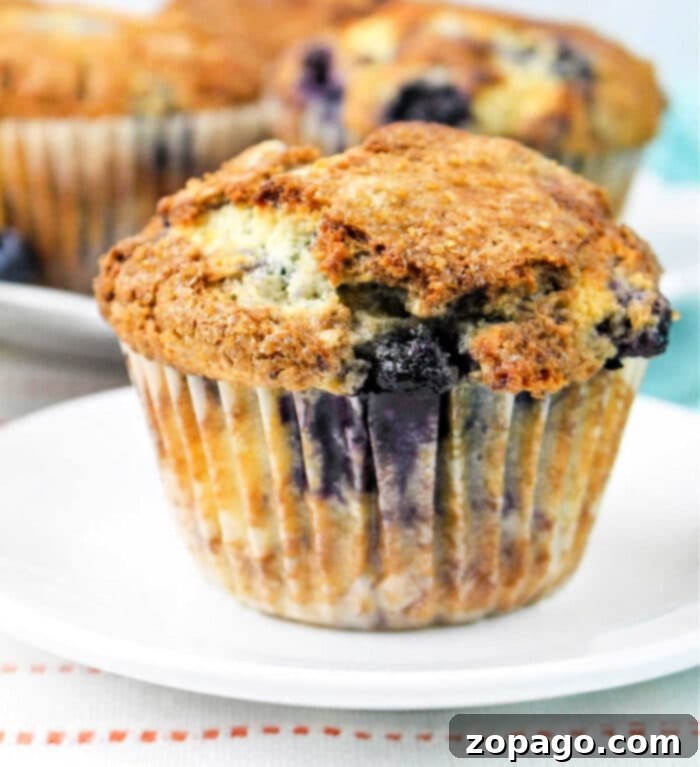 A close-up of a golden-brown jumbo blueberry muffin on a white plate, showing visible blueberry pieces and a slightly crumbly texture. Another jumbo muffin is partially visible in the background on a white surface with an orange-striped cloth.