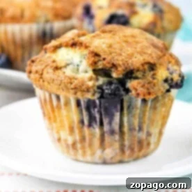 A close-up of a golden-brown jumbo blueberry muffin on a white plate, showing visible blueberry pieces and a slightly crumbly texture. Another jumbo muffin is partially visible in the background on a white surface with an orange-striped cloth.