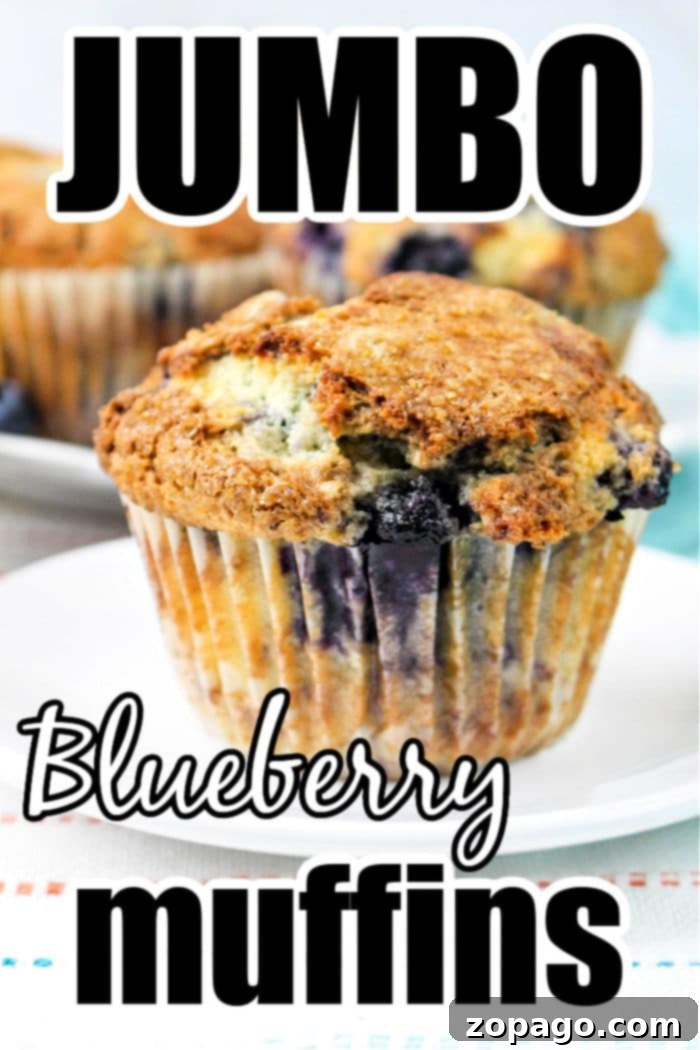 A side view of a large, perfectly baked Jumbo Blueberry Muffin with a golden-brown top, sitting on a white plate.