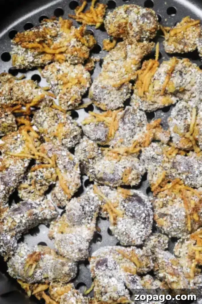 Golden Crispy Air Fryer Chicken Gizzards 8 A perforated metal tray filled with breaded and fried mushroom pieces, reminiscent of air fryer chicken gizzards. The mushrooms are coated in a golden-brown, crispy breadcrumb mixture with some grated cheese visible among the breading.
