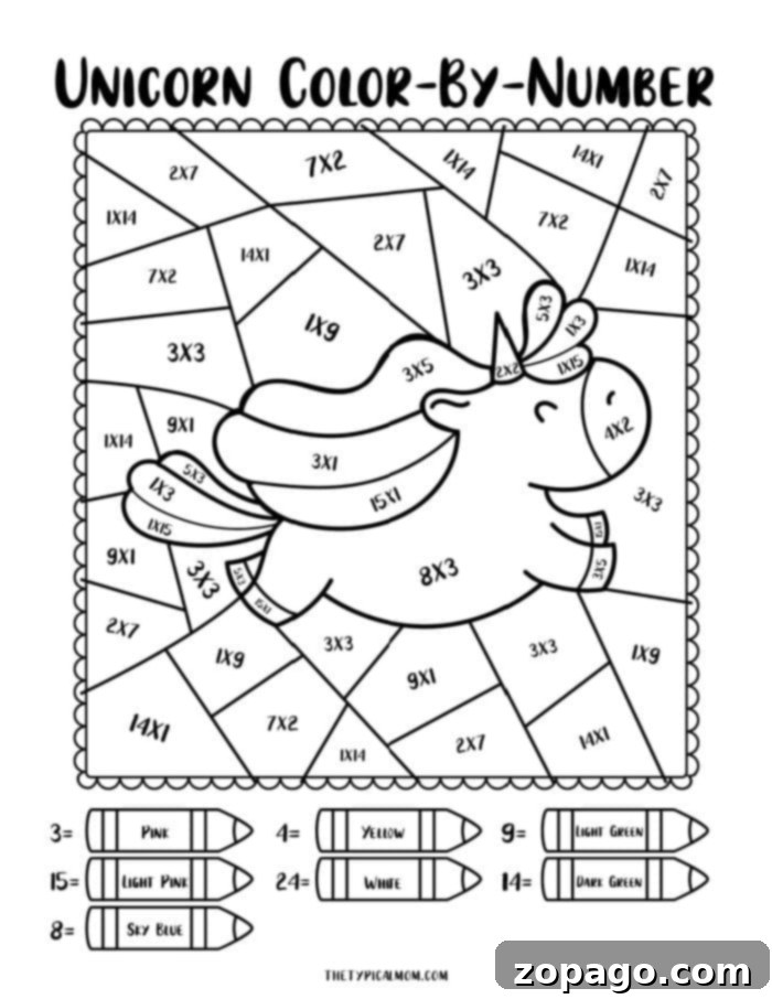 Challenging multiplication color by number unicorn page for older kids